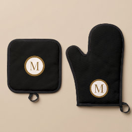 Aangepast zwart & goud midden zegelmonogram ovenwant & pannenlap set