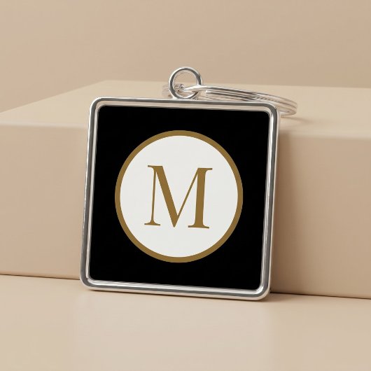 Aangepast zwart & goud midden zegelmonogram sleutelhanger