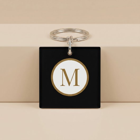 Aangepast zwart & goud midden zegelmonogram sleutelhanger