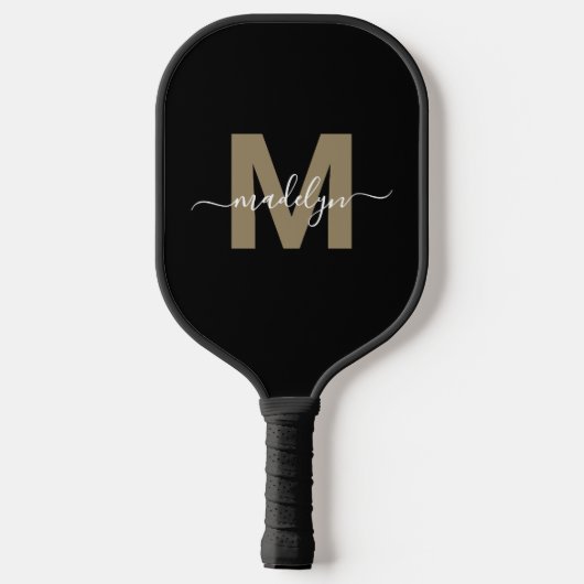 Aangepast Zwart Goud Modern Script Naam Monogram Pickleball Paddle (Achterkant)