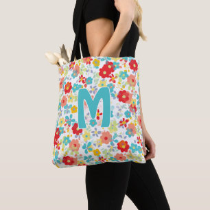 Aangepast zwart koraal Roze Aqua Blue Flower Patro Tote Bag