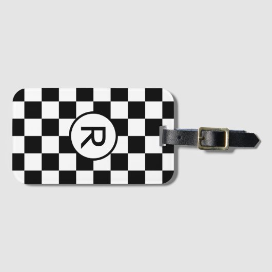 Aangepast zwart monogram en wit gecheckt patroon bagagelabel (Voorkant (horizontaal))