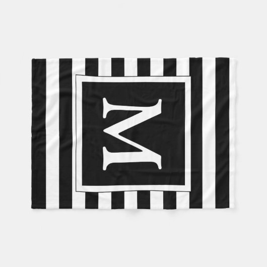 Aangepast zwart monogram en wit striped patroon fleece deken (Voorkant (Horizontaal))