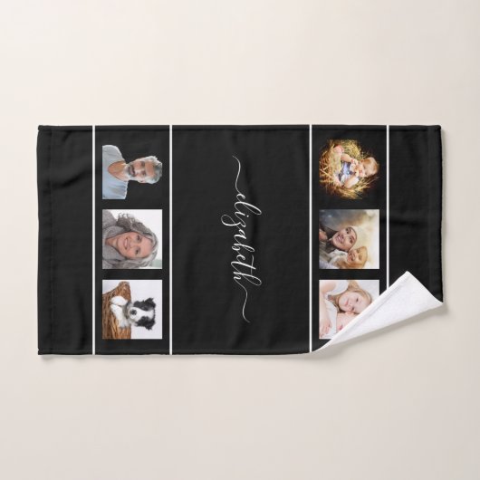 Aangepast zwart monogram fotocollage handdoek (Handdoek)
