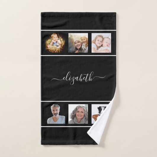 Aangepast zwart monogram fotocollage handdoek (Handdoek)