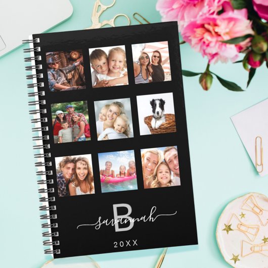 Aangepast zwart monogram fotocollage modern 2023 planner