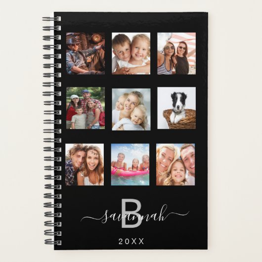 Aangepast zwart monogram fotocollage modern 2023 planner (Voorkant)