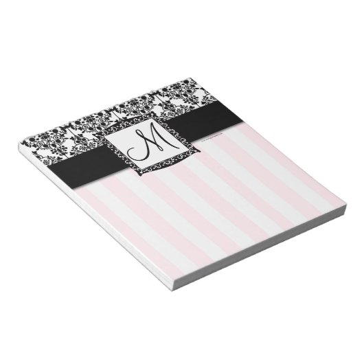 Aangepast zwart monogram zwart Damask roze stripes Notitieblok (Schuin)