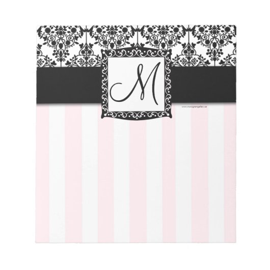 Aangepast zwart monogram zwart Damask roze stripes Notitieblok (Voorkant)