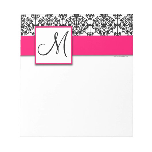 Aangepast zwart monogram zwart Damask warm roze No Notitieblok (Voorkant)