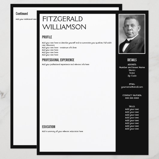 Aangepast zwart-RESUME CV-fotosjabloon (Voorkant / Achterkant)