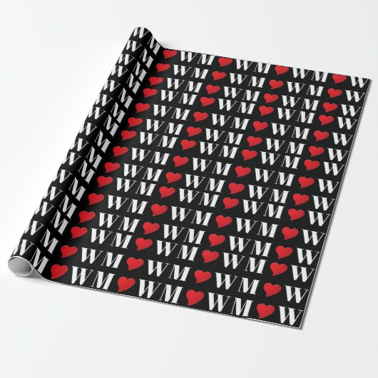 Aangepast zwart rood hart, moderne initialen cadeaupapier (Uitgerold)
