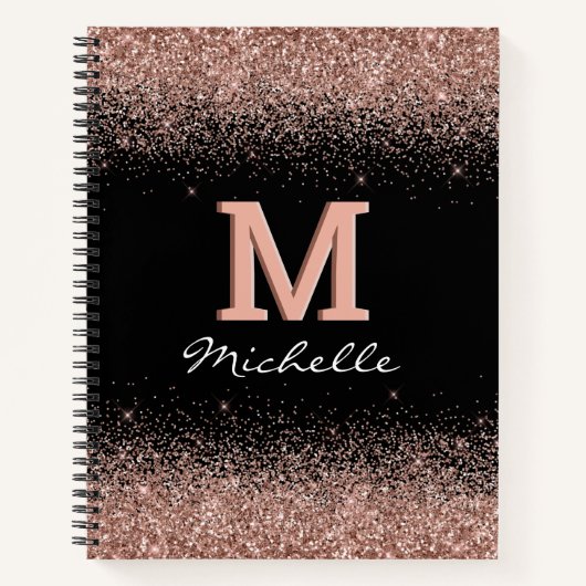 Aangepast Zwart Roos Goud Glitter Monogram Notitieboek (Voorkant)