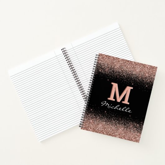 Aangepast Zwart Roos Goud Glitter Monogram Notitieboek (Binnen)