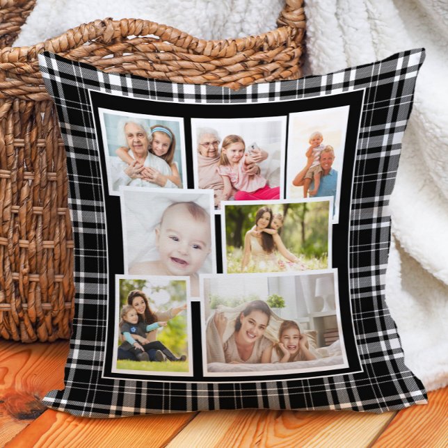 Aangepast zwart-wit buffet Tartan 7 Foto Kussen (Black and white buffalo plaid checkered 7-photo decorator pillow. Printed on both sides.)