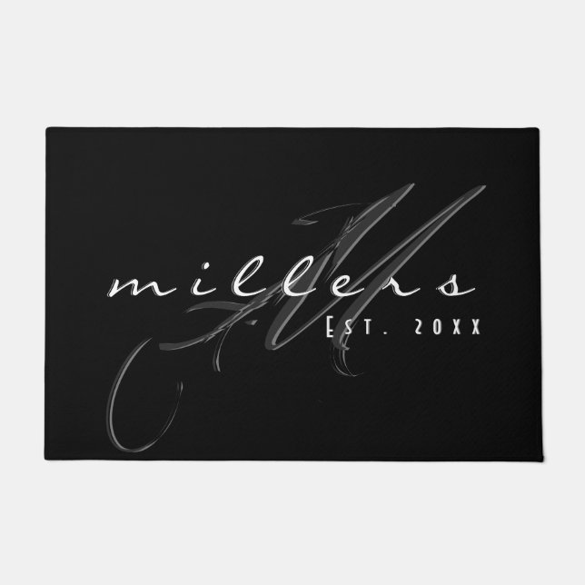 Aangepast zwart-wit familienaam & monogram deurmat (Voorkant)