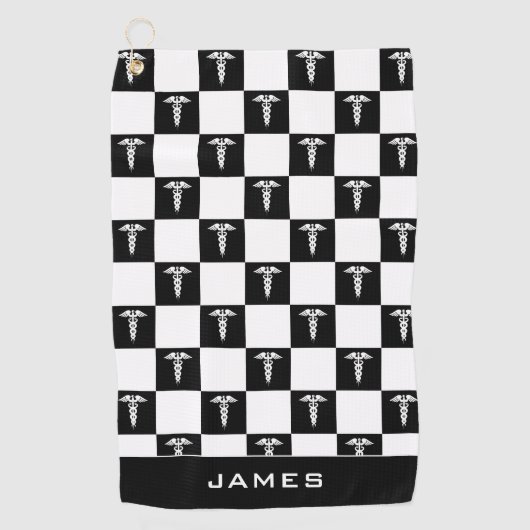 Aangepast zwart-wit medisch symbool Caduceus Golfhanddoek (Voorkant)