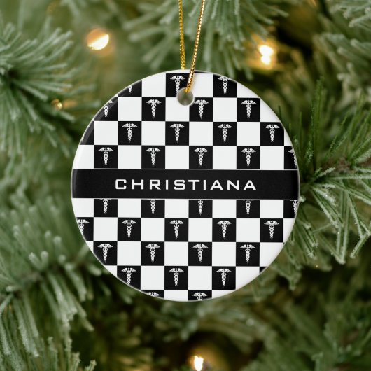 Aangepast zwart-wit medisch symbool Caduceus Keramisch Ornament (Boom)