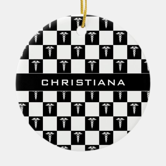 Aangepast zwart-wit medisch symbool Caduceus Keramisch Ornament (Voorkant)