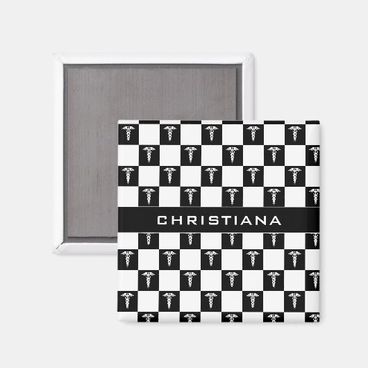 Aangepast zwart-wit medisch symbool Caduceus Magneet (Voorkant / Achterkant)