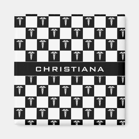 Aangepast zwart-wit medisch symbool Caduceus Magneet (Voorkant)