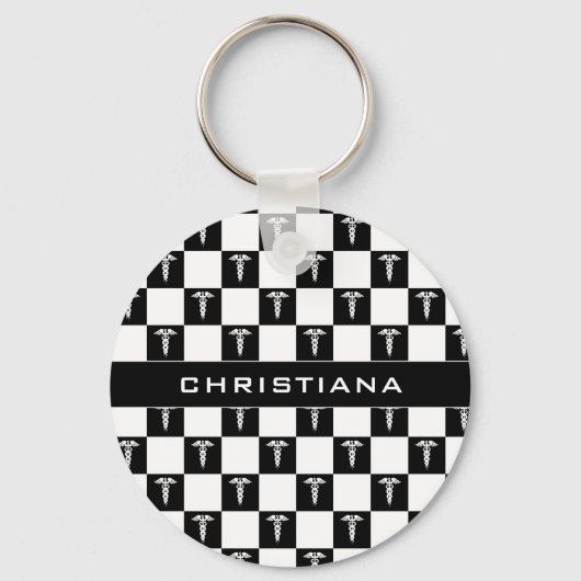 Aangepast zwart-wit medisch symbool Caduceus Sleutelhanger (Voorkant)