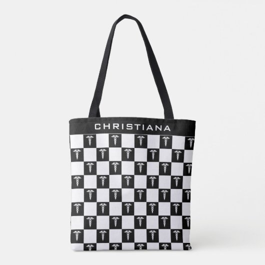 Aangepast zwart-wit medisch symbool Caduceus Tote Bag (Achterkant)