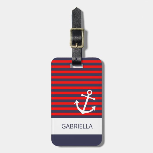 Aangepast zwart-wit rood, blauw, gestreept patroon bagagelabel (Voorkant verticaal)