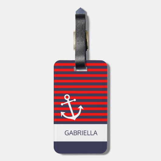 Aangepast zwart-wit rood, blauw, gestreept patroon bagagelabel (Achterkant verticaal)