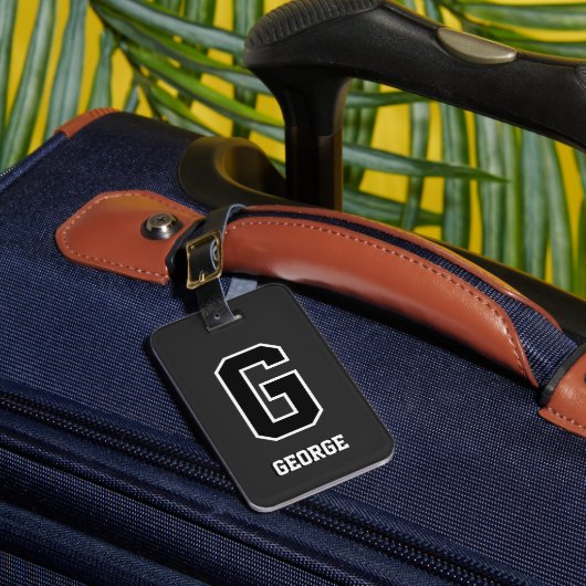 Aangepast zwart wit, speciaal monogram voor hem bagagelabel (Voorkant Insitu 1)