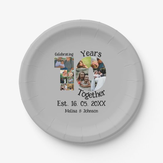 Aangepaste 10e huwelijksverjaardag 11 foto collage papieren bordje (Voorkant)