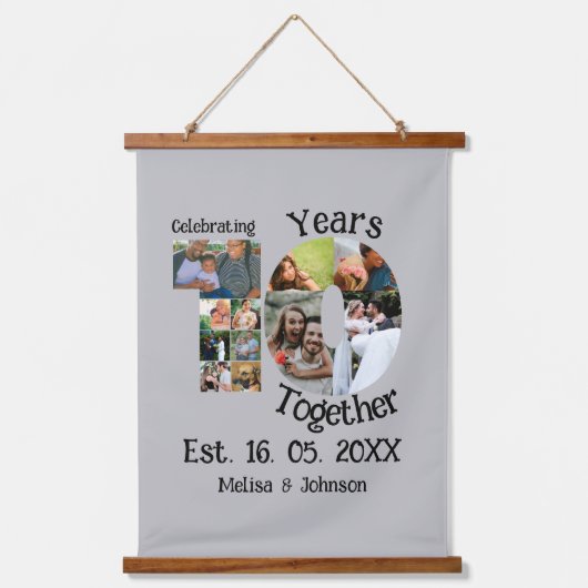 Aangepaste 10e trouwdag 11 fotocollage hangend wandkleed (Voorkant)
