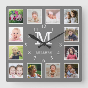 Aangepaste 12 foto collage familienaam monogram gr vierkante klok
