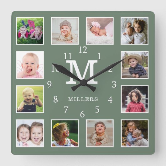 Aangepaste 12 foto collage familienaam monogram gr vierkante klok (Voorkant)