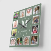 Aangepaste 12 foto collage familienaam monogram gr vierkante klok (Hoek)