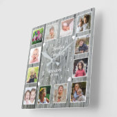 Aangepaste 12 foto-Collage Gray Wood Familie Vierkante Klok (Hoek)