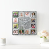 Aangepaste 12 foto-Collage Gray Wood Familie Vierkante Klok (Huis)