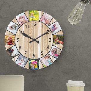 Aangepaste 12 foto collage grenen houten rond grote klok