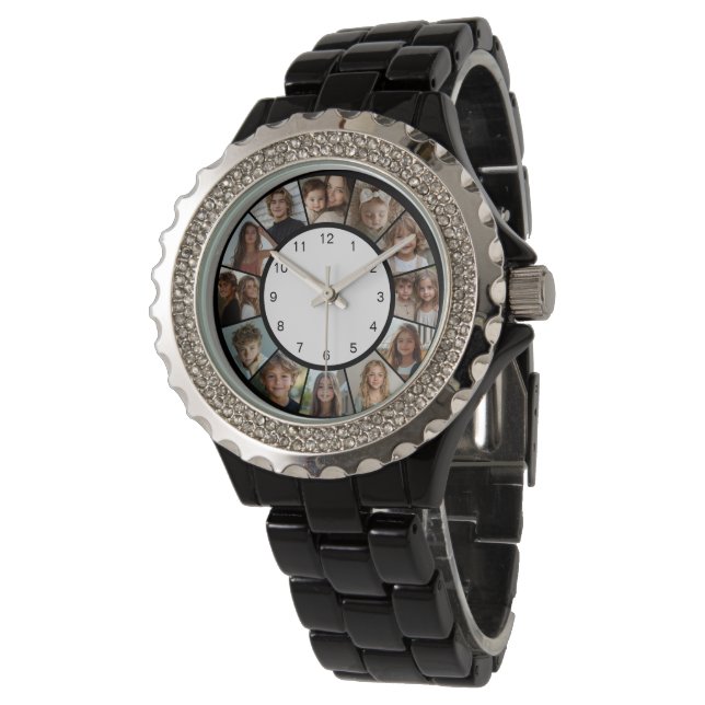 Aangepaste 12 foto collage modern  horloge (Gekanteld)