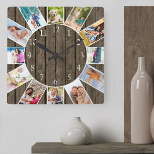 Aangepaste 12 foto collage rustieke donkere hout vierkante klok
