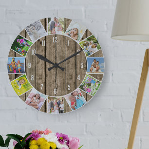 Aangepaste 12 Photo Collage Natural Wood Round Grote Klok