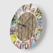 Aangepaste 12 Photo Collage Natural Wood Round Grote Klok (Hoek)