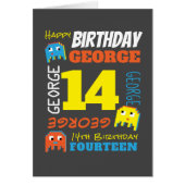 Aangepaste 14e verjaardag, gele blauwe pixelgamer (Voorkant)