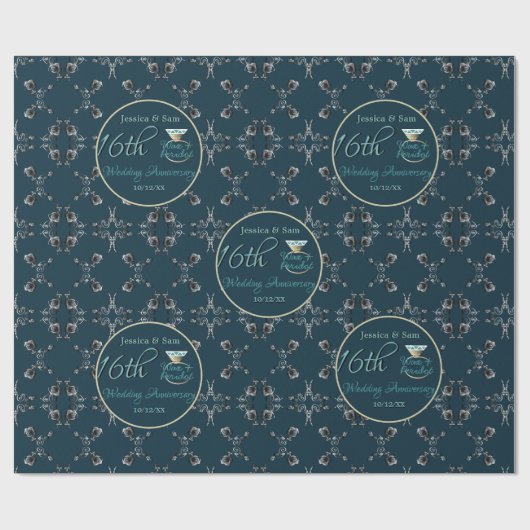 Aangepaste 16e bruiloft Jubileum Zilverachtig Bloe Cadeaupapier (Vlak)