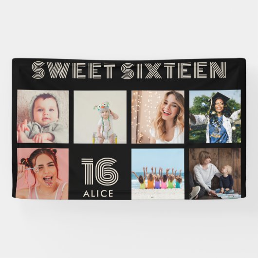 Aangepaste 16e verjaardagsfeestje foto collage ban spandoek (Horizontaal)
