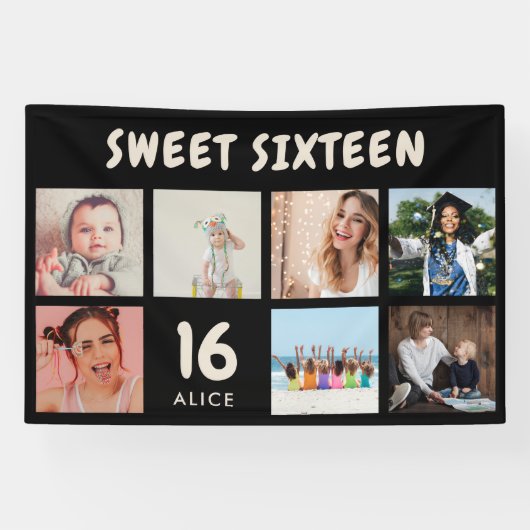 Aangepaste 16e verjaardagspartij foto-collage bann spandoek (Horizontaal)