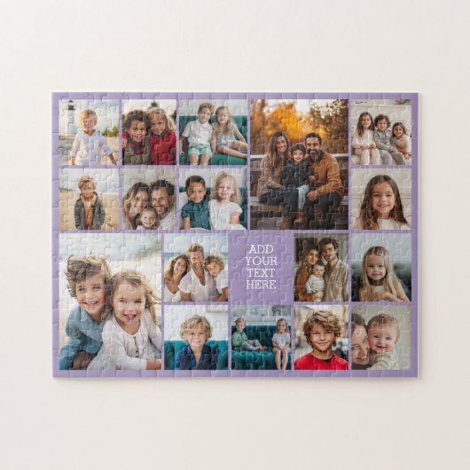 Aangepaste 17 foto collage - wit en paars legpuzzel (Horizontaal)