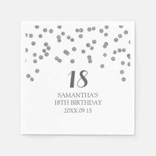 Aangepaste 18e Verjaardag Servet Zilveren Confetti (Voorkant)
