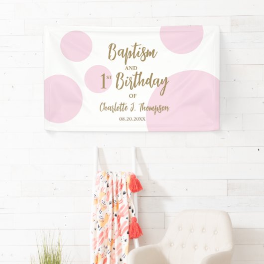 Aangepaste 1e verjaardag en doop Roze Gouden Feest Spandoek (Insitu)