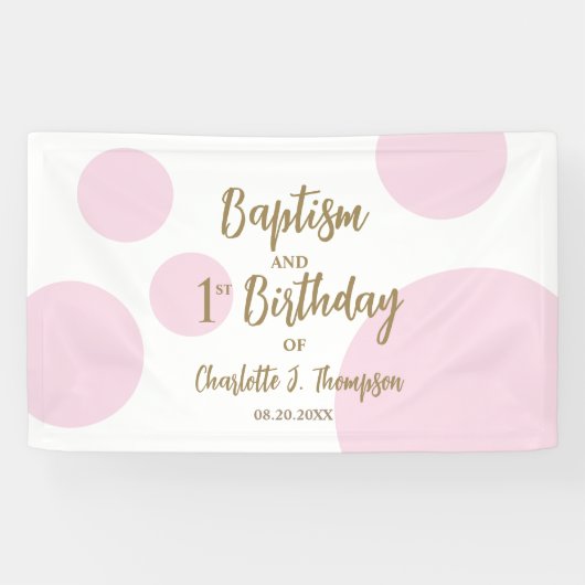Aangepaste 1e verjaardag en doop Roze Gouden Feest Spandoek (Horizontaal)